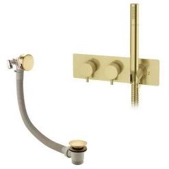 Arezzo Brushed Brass Round Concealed Thermostatic Shower Valve w. Handset + Freeflow Bath Filler -Wall Mounted Taps Sales Store AZSVHBBF n d5 460